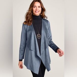 Soft Surroundings Ultra Soft Faux Suede Open Front Jacket/Topper Sz L Blue